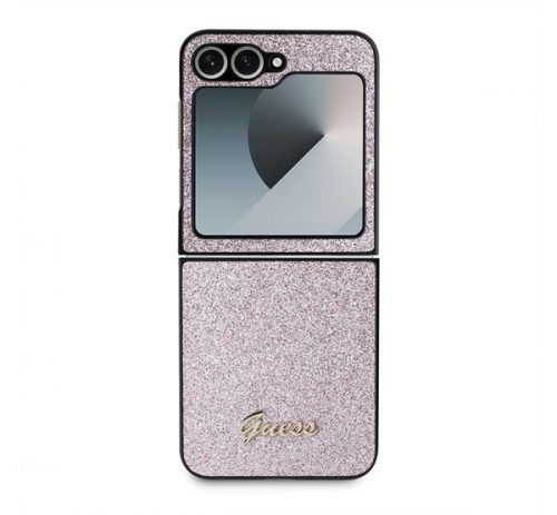 Guess PC/TPU Glitter Flakes Metal Logo Samsung Galaxy Z Flip6 hátlap tok, rózsaszín