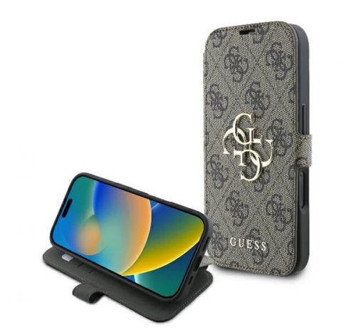 Guess 4G Metal Logo iPhone 16 flip/oldalra nyíló tok, barna GUBKP16S4GMGBR