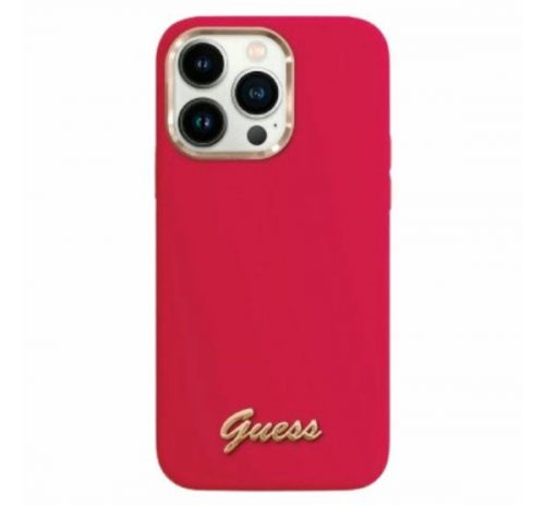 Guess Silicone Script Metal Logo iPhone 16 Pro kemény hátlap tok, magenta GUHCP16LSMBSLM