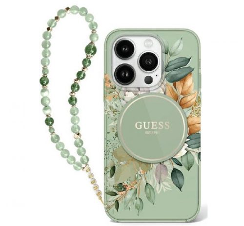 Guess IML Flowers iPhone 16 Pro kemény hátlap tok karpánttal, zöld GUHMP16LHFWBRCESN