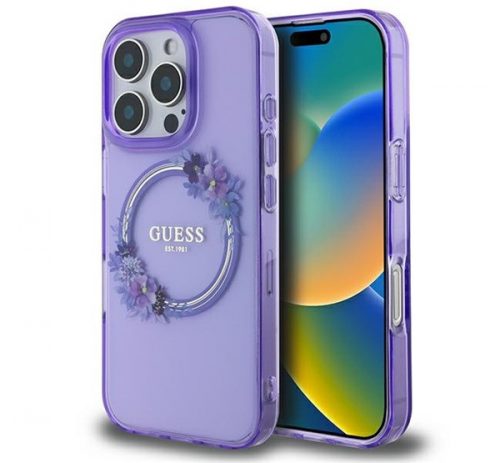 Guess IML Flowers Wreath iPhone 16 Pro MagSafe kemény hátlap tok, lila GUHMP16LHFWFCU