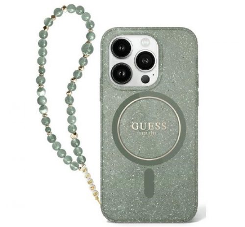 Guess IML Glitter iPhone 16 Pro MagSafe kemény hátlap tok karpánttal, zöld GUHMP16LHGCRELSA