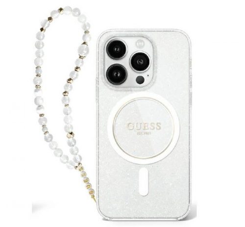 Guess IML Glitter iPhone 16 Pro MagSafe kemény hátlap tok karpánttal, átlátszó GUHMP16LHGCRELST