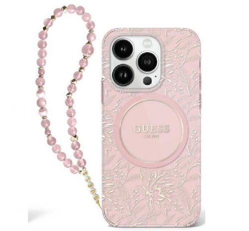 Guess IML Flowers Allover Electro iPhone 16 Plus kemény hátlap tok pánttal, rózsaszín GUHMP16MHCPOFPP