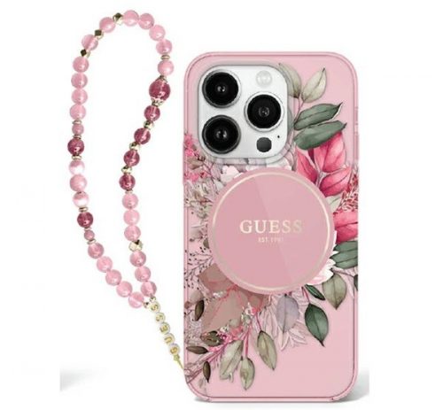 Guess IML Flowers iPhone 16 Plus kemény hátlap tok karpánttal, rózsaszín GUHMP16MHFWBRCESP