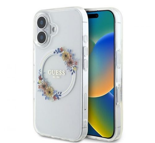 Guess IML Flowers Wreath iPhone 16 Plus MagSafe kemény hátlap tok, átlátszó GUHMP16MHFWFCT