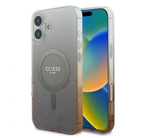 Guess IML Glitter Gradient iPhone 16 Plus MagSafe kemény hátlap tok, barna GUHMP16MHGRCELW