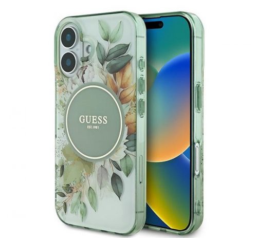 Guess IML Flower & Tonal Circle iPhone 16 kemény hátlap tok, zöld GUHMP16SHFWBDCEN