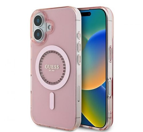 Guess IML Rhinestones MagSafe iPhone 16 kemény hátlap tok, rózsaszín GUHMP16SPFTDTEP