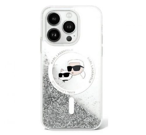 Karl Lagerfeld Liquid Glitter Karl&Choupette Head iPhone 16 Pro Max Magsafe hátlap tok, átlátszó KLHMP16XLGKCSGH