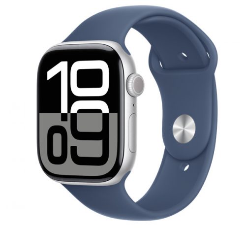 Apple Watch S10 Cellular ezüst alumíniumtok, Denim Sport szíjjal, 46mm, S/M