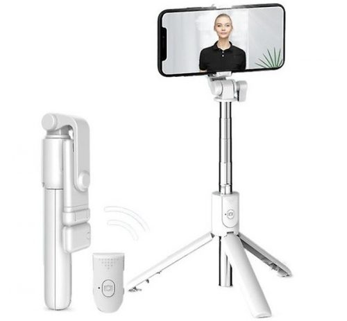 Prémium selfie bot, 19 - 70 cm, forgatható, exponáló gombbal, bluetooth-os, v4.0, tripod, világítással, R1S, fehér