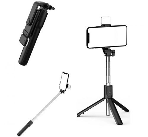 Prémium selfie bot, 19 - 70 cm, forgatható, exponáló gombbal, bluetooth-os, v4.0, tripod, világítással, R1S, fekete