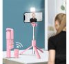 Prémium selfie bot, 19 - 70 cm, forgatható, exponáló gombbal, bluetooth-os, v4.0, tripod, világítással, R1S, rózsaszín