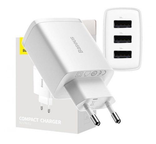 Baseus 3xUSB hálózati gyortöltő, 17W, fehér