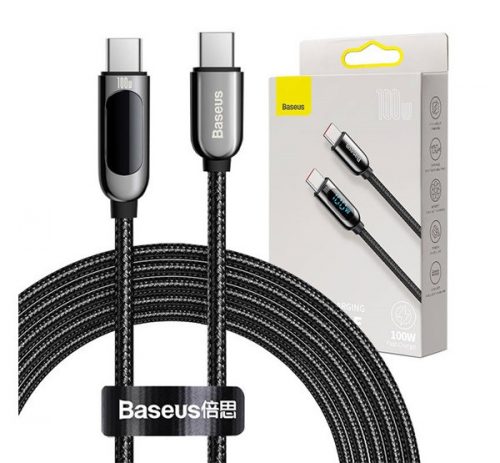 Baseus USB-C - USB-C kábel kijelzővel,100W, 2m, fekete