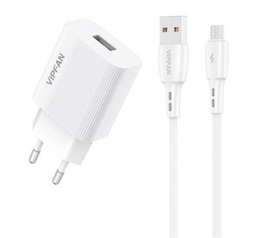 Vipfan E01 USB-A hálózati töltő adapter + 2,4A + MicroUSB kábel, fehér