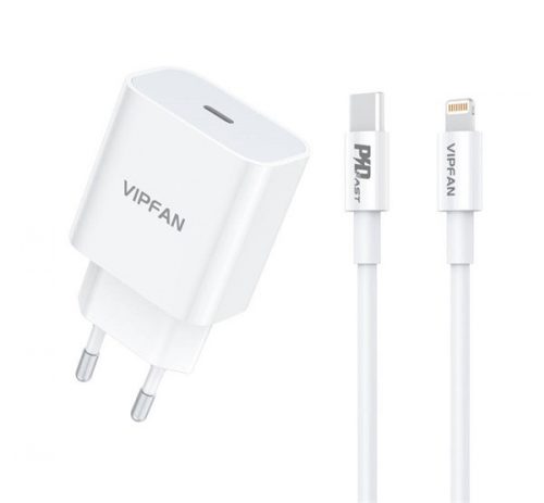 Vipfan E04  USB-C hálózati töltő adapter, QC 3.0 + Lightning kábel, 20W, fehér