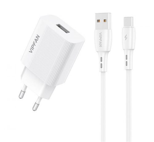 Vipfan E01 USB-A hálózati töltő adapter + 2,4A + USB-C adatkábel, fehér