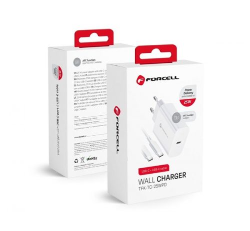 Forcell F-Energy TFK-TC-25WPD USB-C + USB-C-USB-C töltő adapter kábellel, PD, Q.C, 3A, 25W, fehér