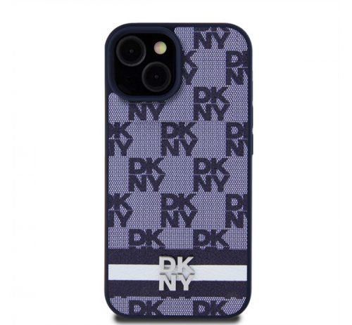 DKNY PU Leather Checkered Pattern and Stripe iPhone 15 tok, kék