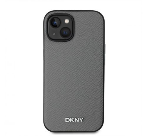 DKNY PU Leather Silver Metal Logo iPhone 14 MagSafe tok, szürke