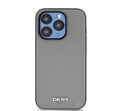 DKNY PU Leather Silver Metal Logo iPhone 14 Pro MagSafe tok, szürke