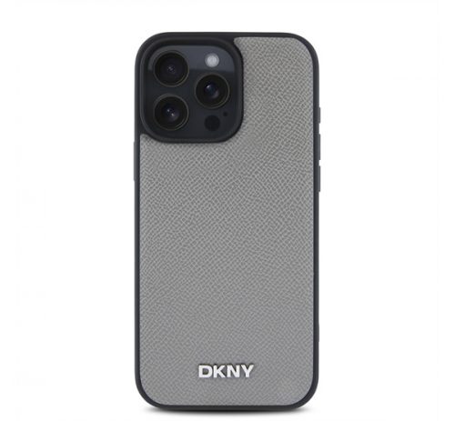 DKNY PU Leather Silver Metal Logo iPhone 16 Pro MagSafe tok, szürke