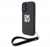 DKNY PU Leather Stack Logo iPhone 16 tok csuklópánttal, fekete