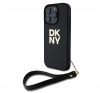 DKNY PU Leather Stack Logo iPhone 16 Pro tok csuklópánttal, fekete