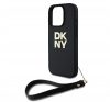 DKNY PU Leather Stack Logo iPhone 16 Pro tok csuklópánttal, fekete