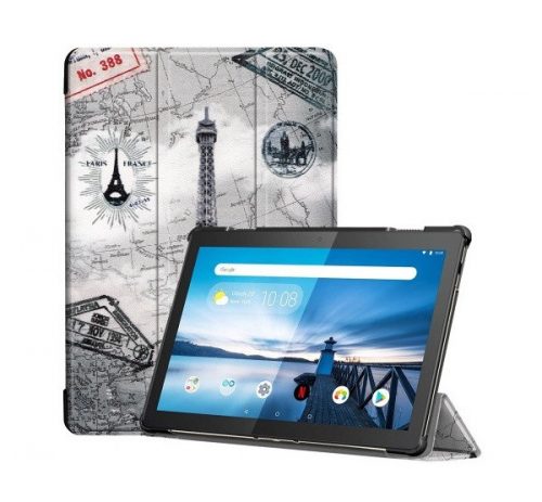 Lenovo Tab M10 (10.1) TB-X605F, mappa tok, Eiffel torony, térkép minta, Trifold, szürke