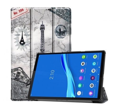 Lenovo Tab M10 Plus (10.3) TB-X606F, mappa tok, Eiffel torony, térkép minta, Trifold, szürke