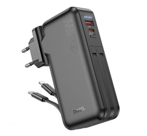 Hoco J126 powerbank/külső akkumulátor 10000mAh, EU/US adapterrel, USB-C/Ligthning kábellel, QC PD, 3A, 22,5W fekete