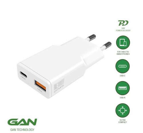 4smarts PDPlug Duos Slim USB-C-USB-A hálózati adapter 30W,GaN, 1A, fehér