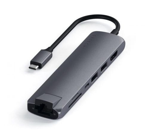 Satechi Aluminum Type-C Slim MultiPort Hub, 4k HDMI, 2x USB 3.0, Gigabit Ethernet és kártyaolvasó, szürke