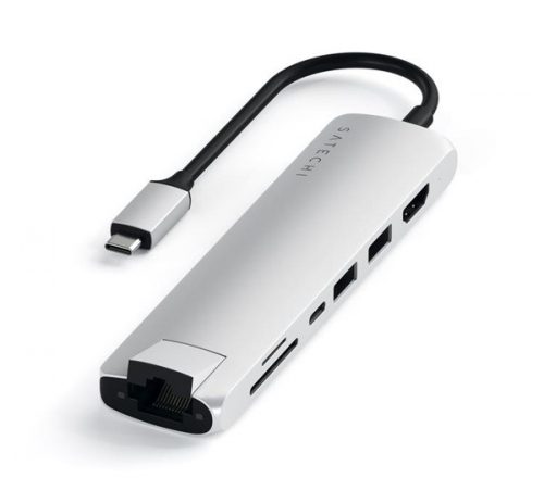 Satechi Aluminum Type-C Slim MultiPort Hub, 4k HDMI, 2x USB 3.0, Gigabit Ethernet és kártyaolvasó, ezüst