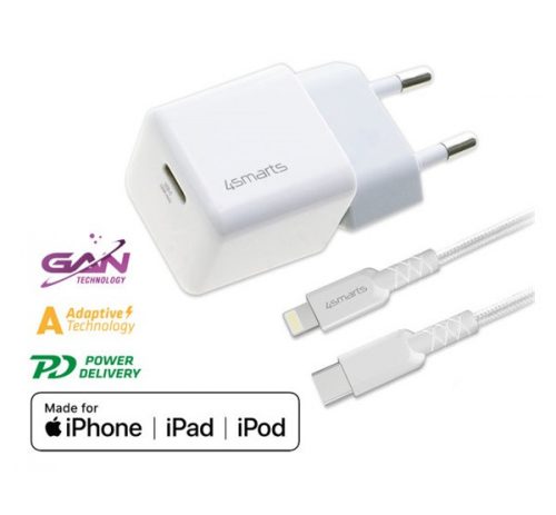 4smarts VoltPlug Mini PD hálózati gyorstöltő adapter Type-C + Type-C / Lightning kábel 1,5m, 30W, fehér