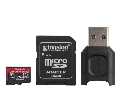 Kingston Canvas React microSDXC 64GB (Class 10), U3 UHS-II, V30 memóriakártya adapterrel, MLPM olvasóval (MLPMR2/64GB)