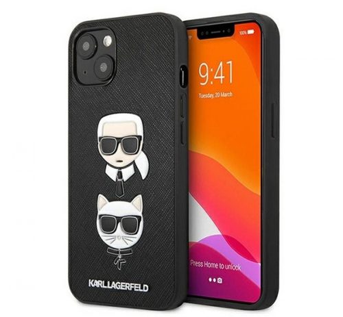 Karl Lagerfeld Karl and Choupette Saffiano bőr hátlap tok Apple iPhone 13, fekete