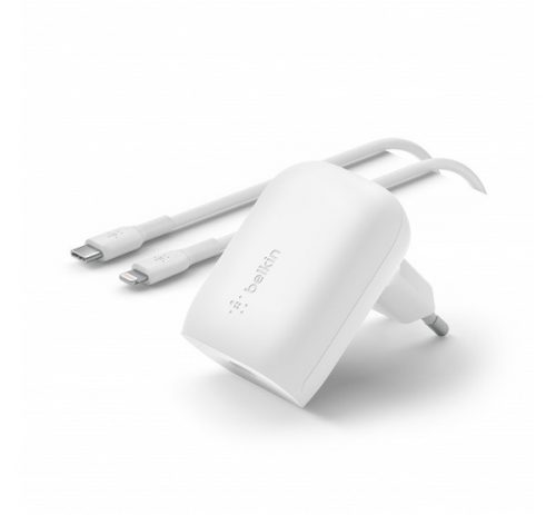 Belkin Boost Chagre PD hálózati gyorstöltő Type-C + Lightning kábel, 30W, fehér