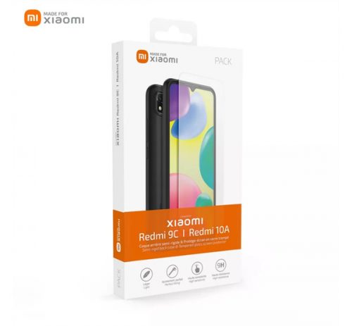 Xiaomi Redmi 9C/10A fekete szilikon tok + tempered glass üvegfólia