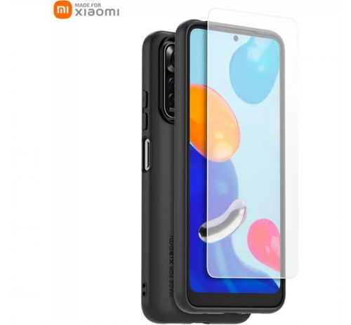 Xiaomi Redmi Note 11/11s fekete szilikon tok + tempered glass üvegfólia