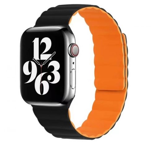 Phoner Rever Apple Watch forgatható mágneses szilikon szíj, 49/45/44/42mm, L, fekete/narancs