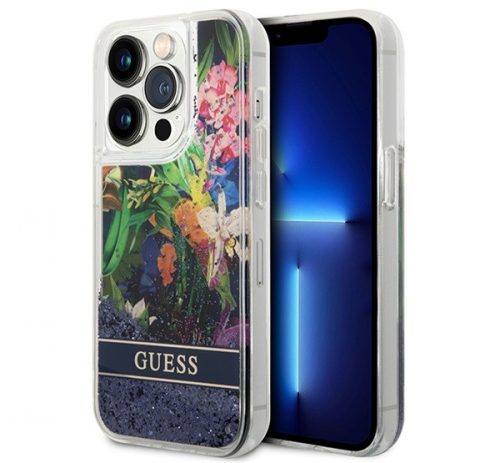 Guess Flower Liquid Glitter Apple iPhone 14 Pro hátlap tok, kék