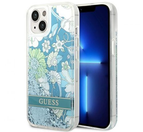 Guess Flower Liquid Glitter Apple iPhone 14 hátlap tok, zöld