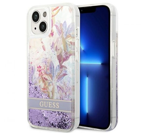 Guess Flower Liquid Glitter Apple iPhone 14 hátlap tok, lila