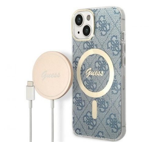 Guess 4G Print MagSafe Apple iPhone 14 Plus hátlap tok, kék + MagSafe töltő