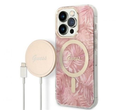 Guess Jungle MagSafe Apple iPhone 14 Pro Max hátlap tok, pink + MagSafe töltő