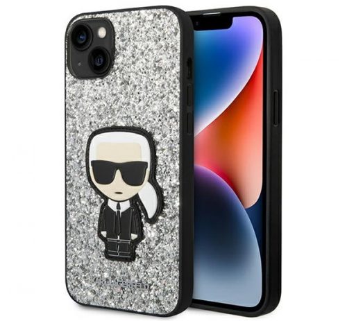 Karl Lagerfeld Glitter Flakes Ikonik Apple iPhone 14 hátlap tok, ezüst